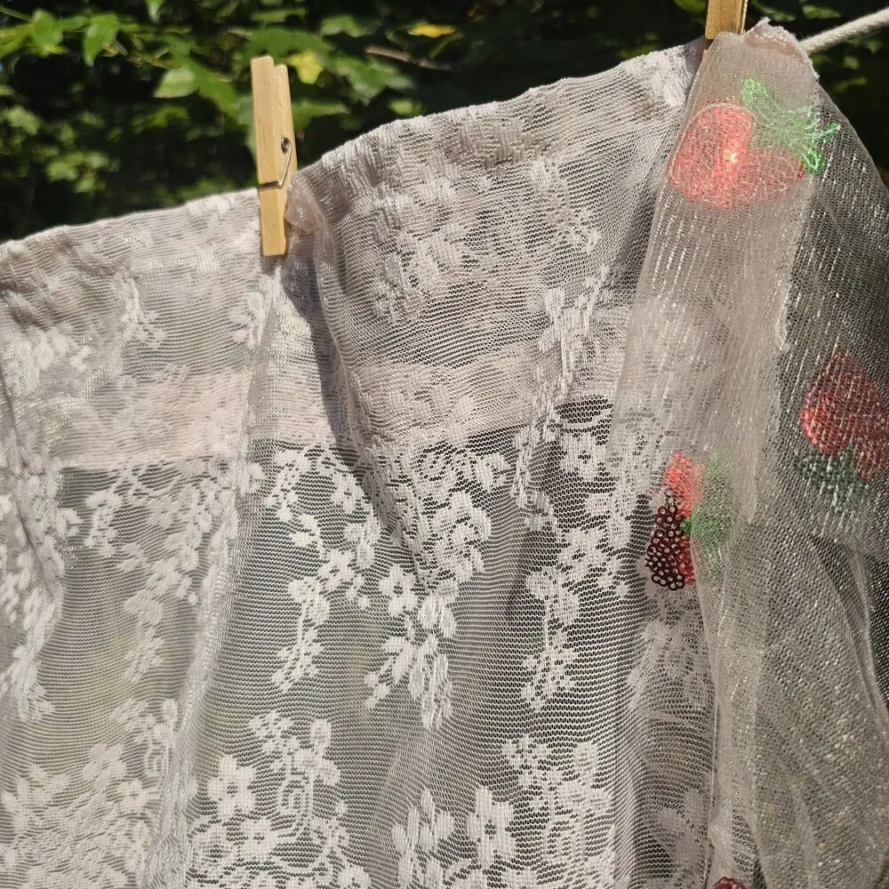 Sweet Strawberry Sequin Lace Curtains Cottagecore Floral Ruffled Tulle 58